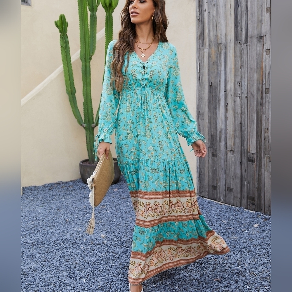 Floral Grommet Eyelets Lace Up Ruffle Hem Dress - Picture 5 of 5